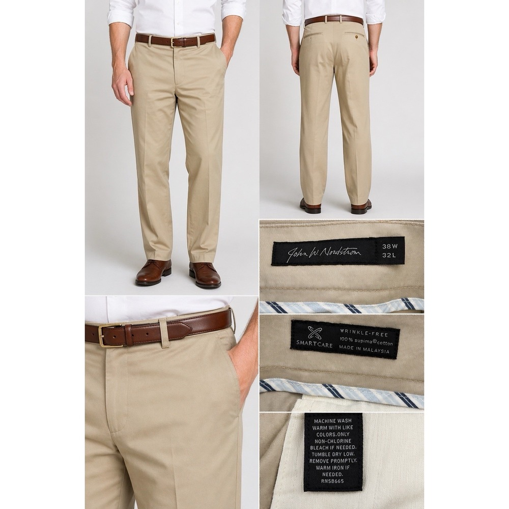 John W Nordstrom Mens Khaki Pants 38x32 Supima Cotton Wrinkle Free Dress Casual